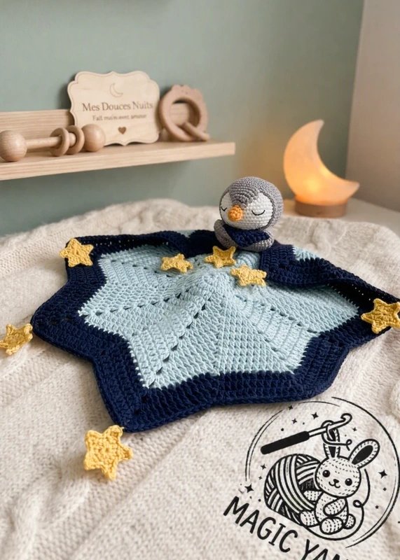 Doudou pingouin étoilé fait main – douceur et rêve