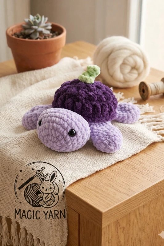 Tortue au crochet raisin – peluche faite main, amigurumi violet